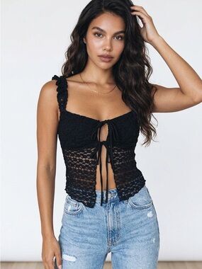 Black Lace Tie-Front Women's Top